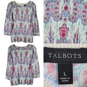 Talbots Sweater Womens Size Large Pullover Blue Pink Paisley Lightweight